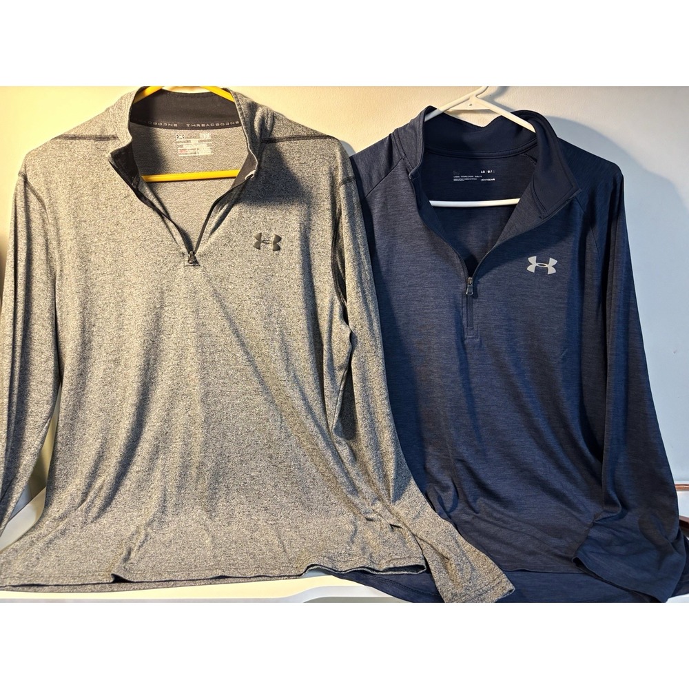 2pc Under Armour Men’s Loose Fit Long Sleeve 1/4 Zip Pullover L Gray/Blue
